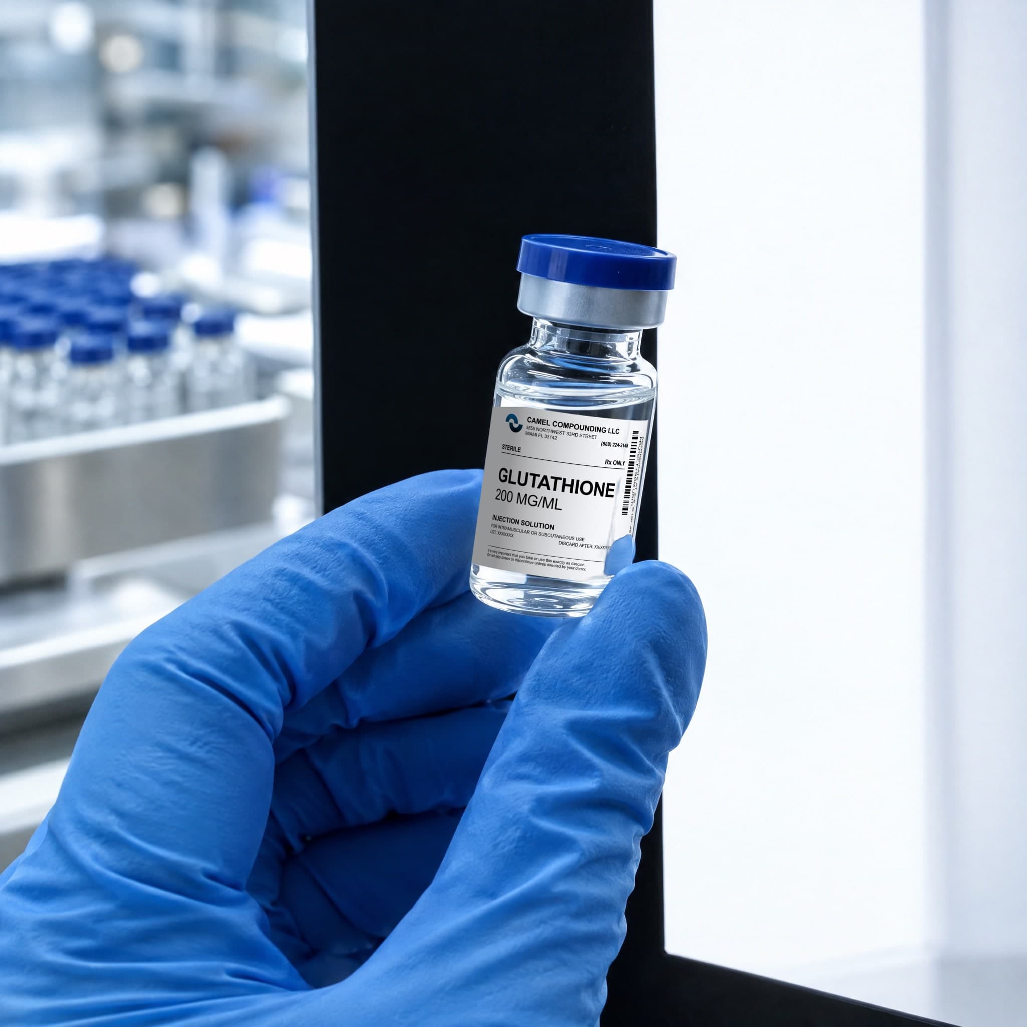 Gloved hand inspecting a sterile vial against an inspection panel