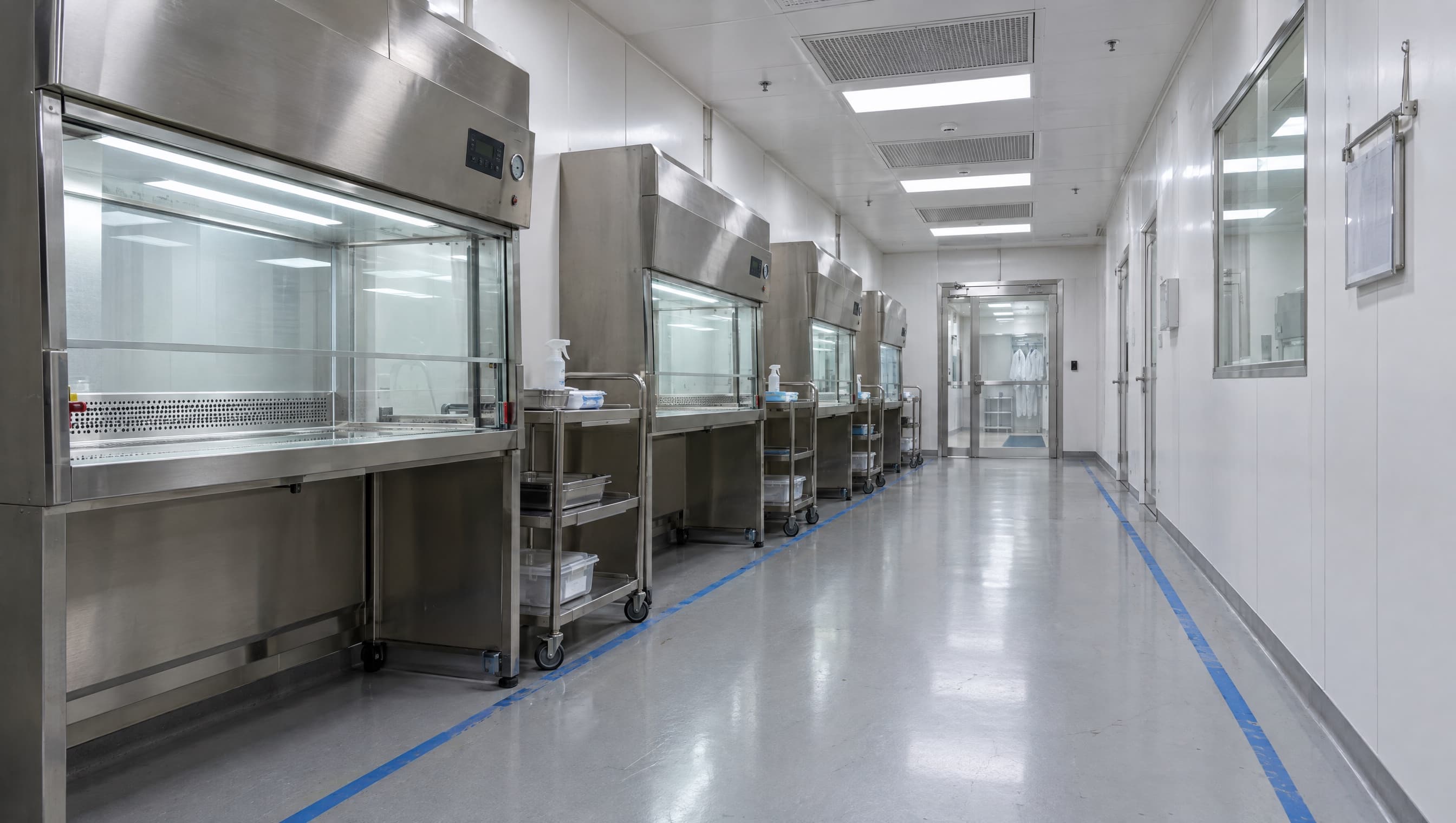 Compounding hoods along the wall of a cleanroom